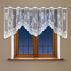 Weiße Jacquard-Gardine mit eingenähter Kräuselband – Kaffee-Tassen-Muster