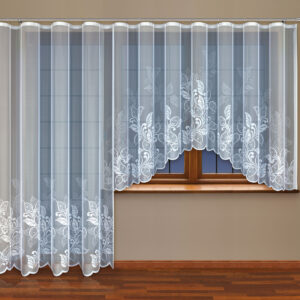 Weiße Gardine mit Kräuselband Blätter Motiv Bogengardine Jacquard-Stoff