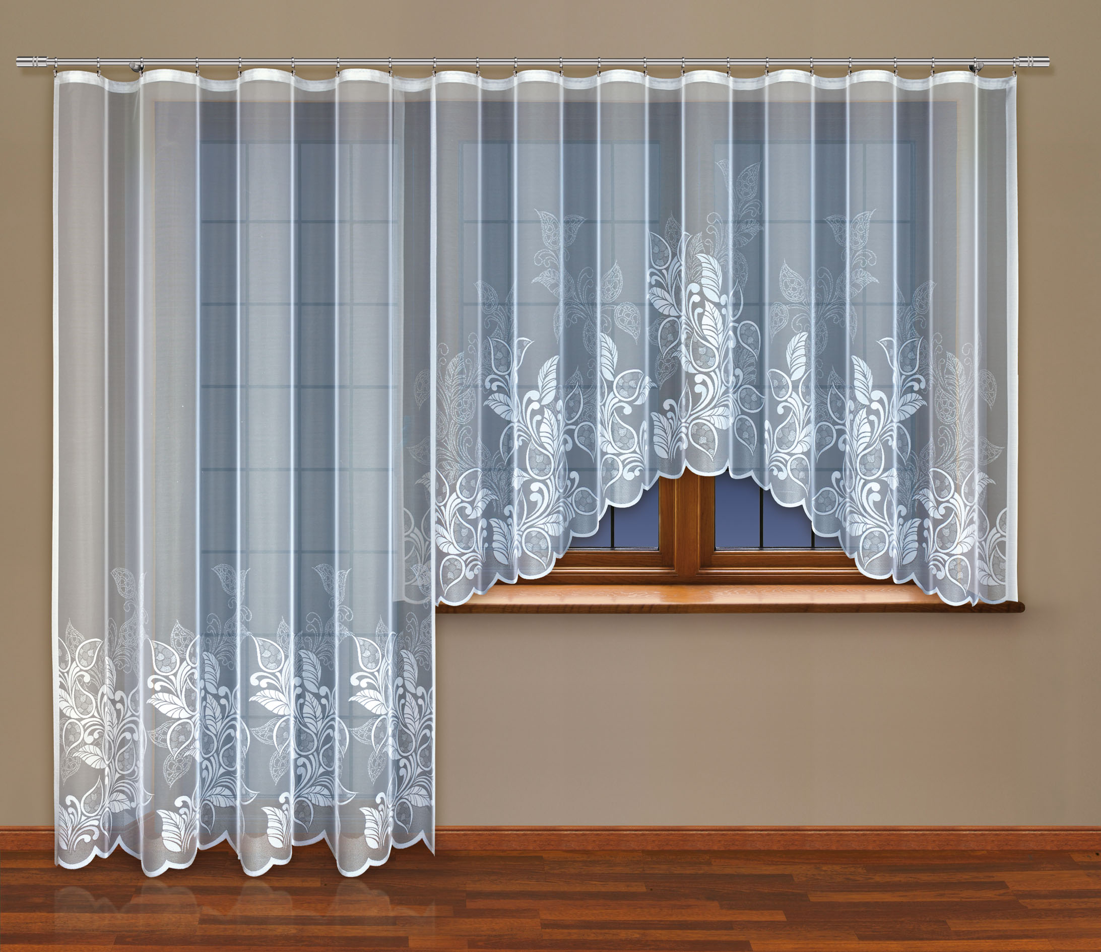 Weiße Gardine mit Kräuselband Blätter Motiv Bogengardine Jacquard-Stoff